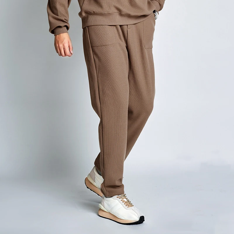 men Pants solid color mid-waist cotton casual micro-stretch waffle pants