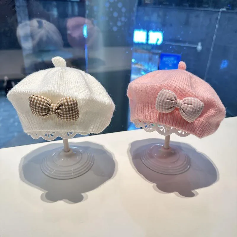 Autumn Winter Korean Fashion Berets Hat for Kids Solid Warm Knitted Baby Girls Caps with Bowknot Design Wholesale