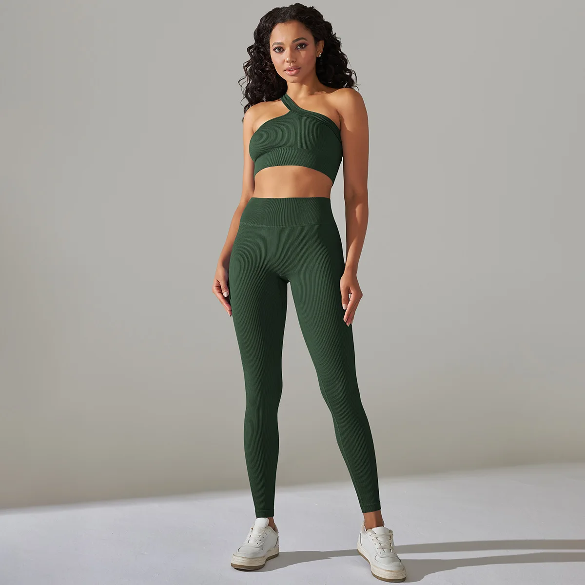 Women Ribbed Activewear Set Two Piece Seamless Bra Legging Set One Shoulder Sports Bra Set