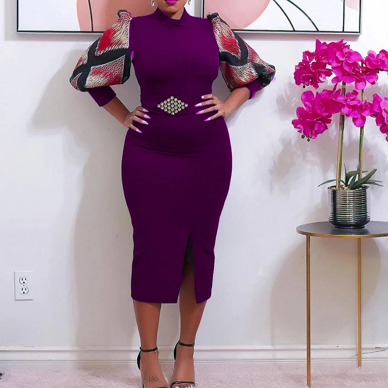 Puff sleeves working bodycon ladies dress casual slim fit elegant split women office career dresses