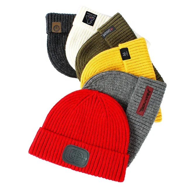 OEM fashion colorful acrylic rubber patch leather tag winter cap for women men plain beanie hat with custom woven label logo