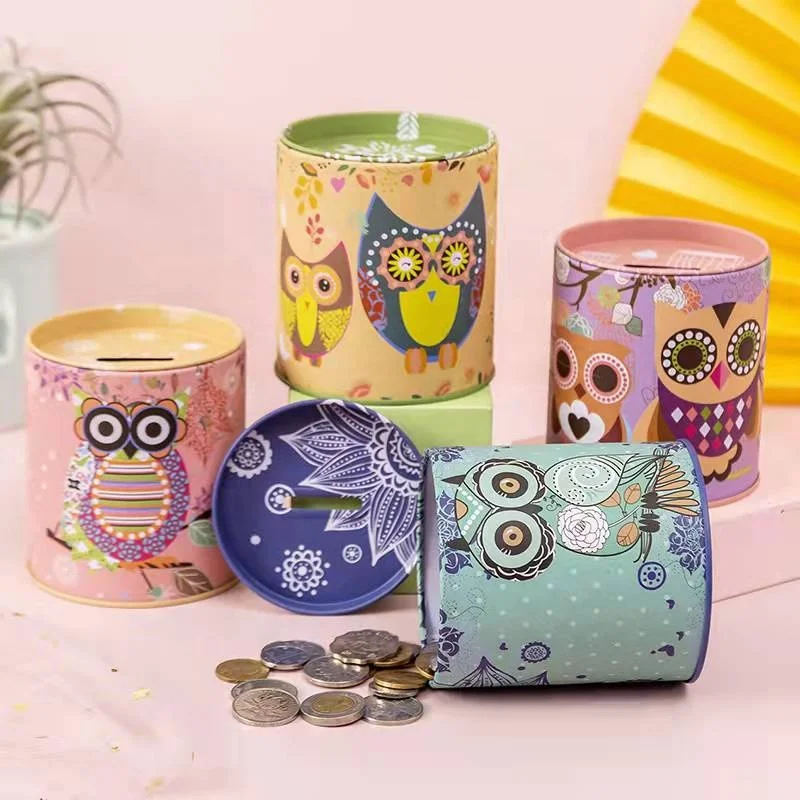 Wholesale creative owl pattern mini round metal kids piggy bank money boxes