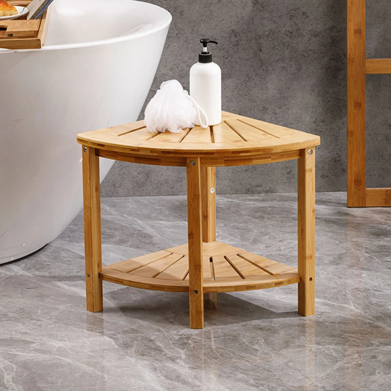 2-Tier Wood Storage & Seat Solid Bamboo Bench Corner Shower Bath Spa Stool