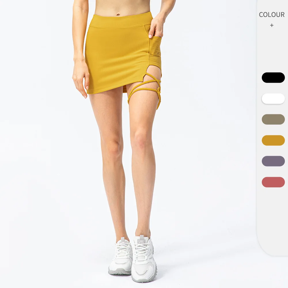 Hot sell 2024 Summer New Tight Tennis Sports Skirt Lace-Up fitness yoga solid color Leisure Half sport tennis Skirt with pockets