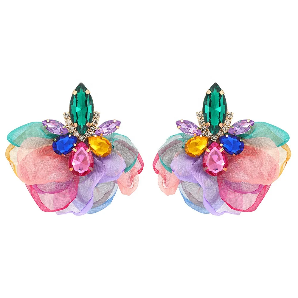 Drill claw welding earrings clip diamond chiffon flower big stud earrings summer new popular jewelry earrings wholesale