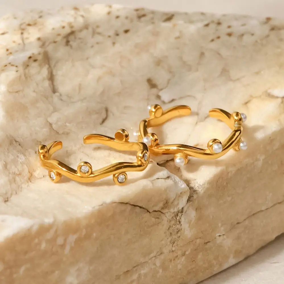 18K Gold Plated Stainless Steel Dainty Water Wave Irregular Cubic Zirconia Pearl Adjustable Rings