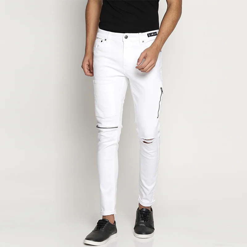 White Denim Zipper Detail Skinny Fit Ripped Stretchy Jeans Casual Pants Mens