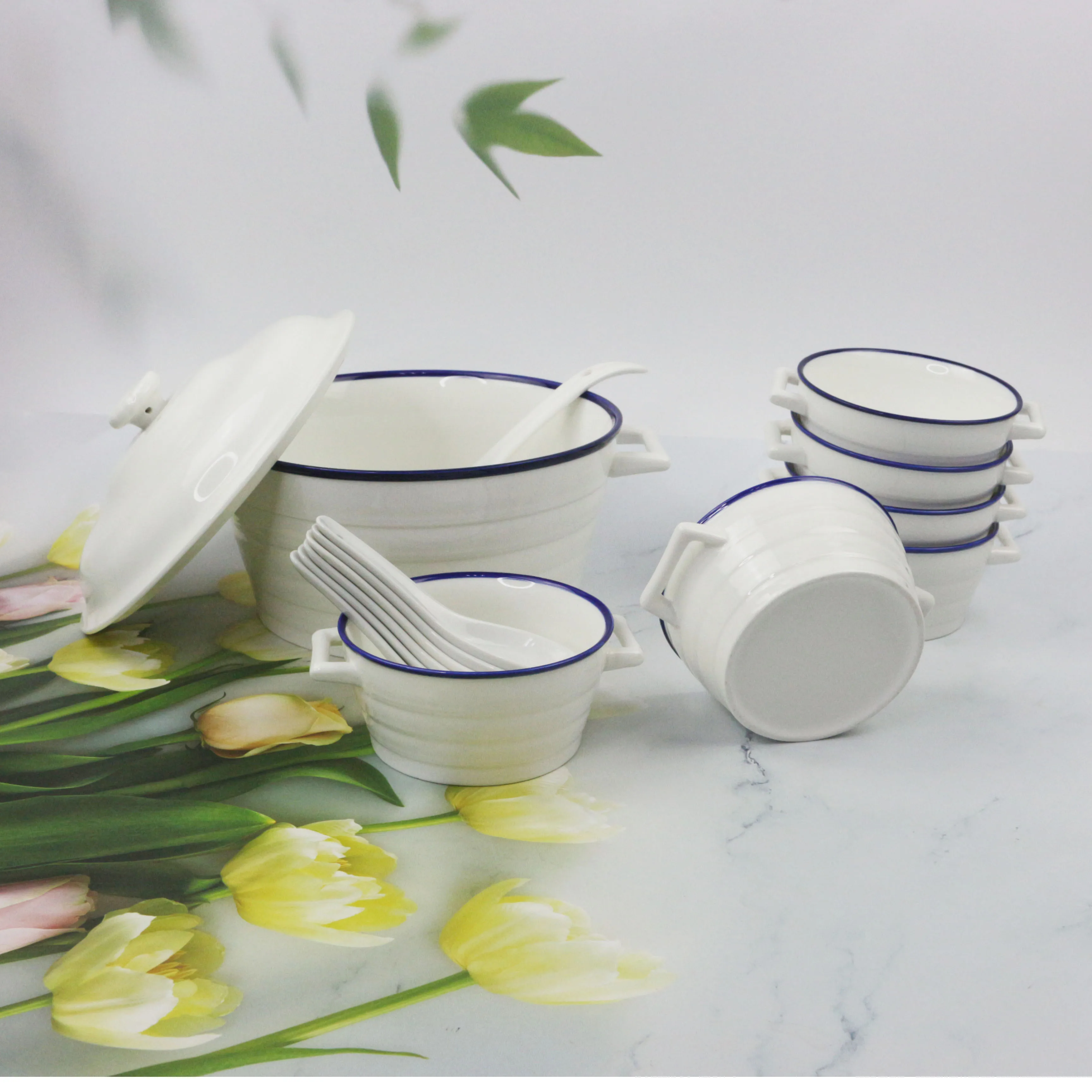 15pcs Luxury Soup Pot Ceramic Porcelain Soup Tureen Ceramic Soup Pot And Bowl Set