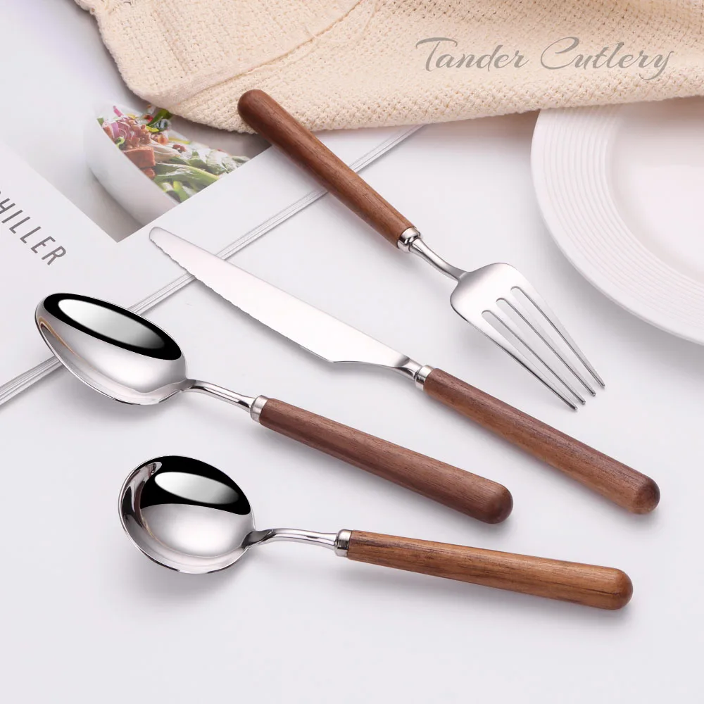 Vintage Walnut Wood Silverware Knife Spoon Fork Reusable 18/10 Stainless Steel Wooden Handle Cutlery Set