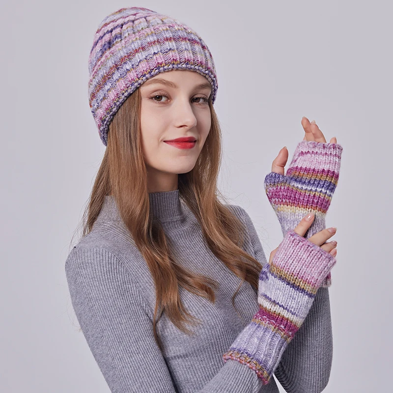 Winter Hat Mitten Set Colorful Wool Beanie Long Gloves Set Knitted Beanie for Women Warm Wool Hat for Girls