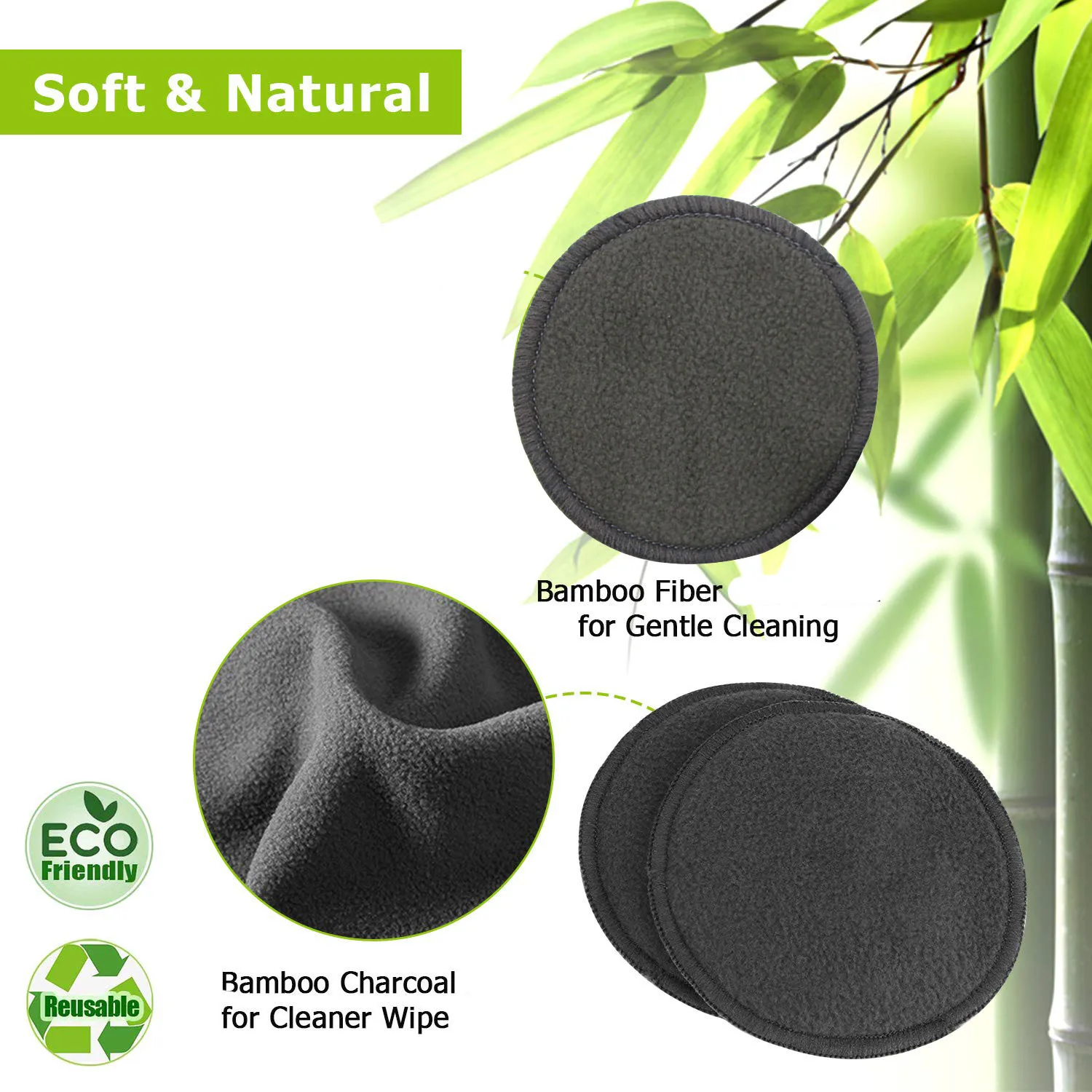 3 layers soft reusable makeup remover pads anti-bacterial bamboo charcoal facial cleansing pad washable bamboo carbon face wipes