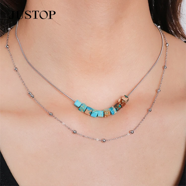 Wholesale Luxury Stainless Steel Natural Stone Double Layer Fashion Turquoise Choker Necklace Jewelry