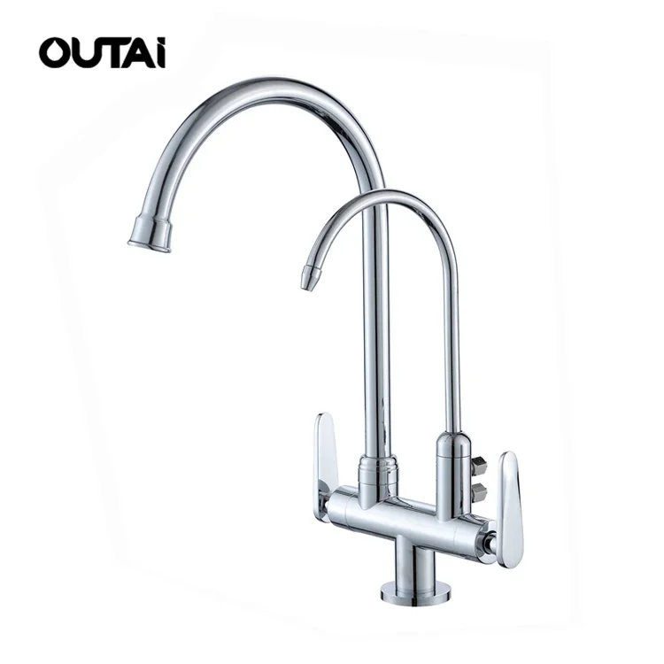 New design dual handle 2-way 360 degrees rotation double kitchen faucet