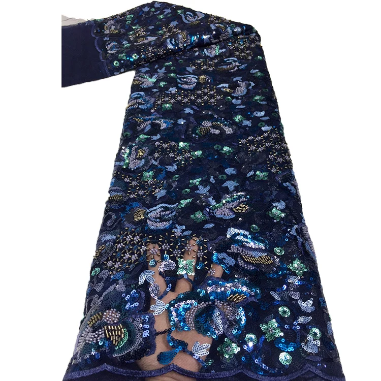 Luxury Handmade Beaded Lace Fabric Heavy Beads Embroidery Designs Fabric For African Dress