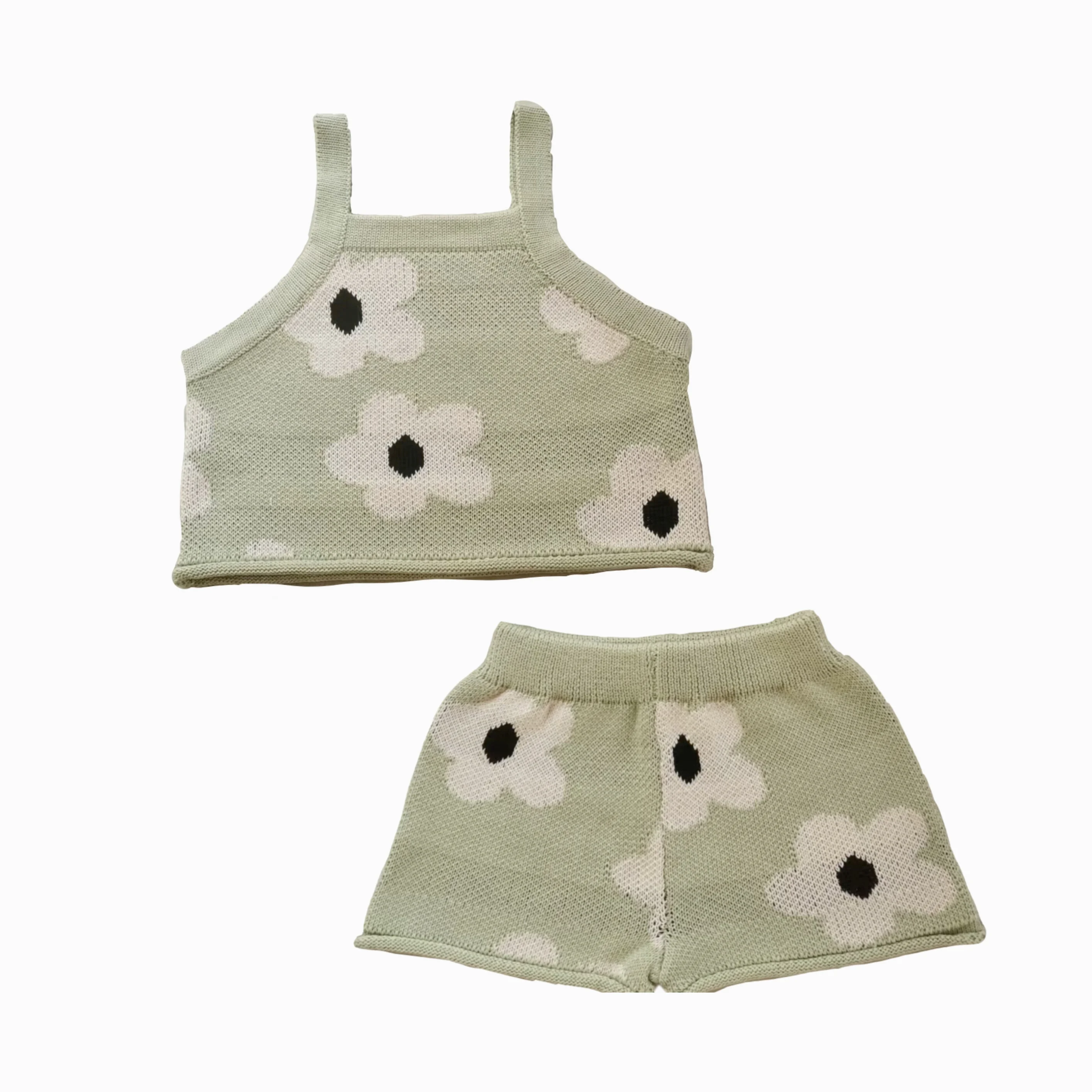 Summer Vocation Baby Girl Beach Outfit  Large Green Floral  Knitted Clothing Set 2 Pieces
