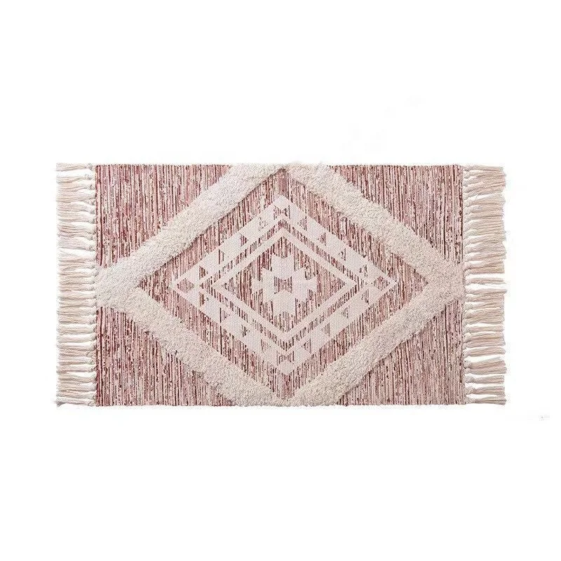 Manufacturer Boho Ethnic Bathroom Door Mats Carpet Runner Washable Woven Tufted Cotton Tassel Rugs For Living Room