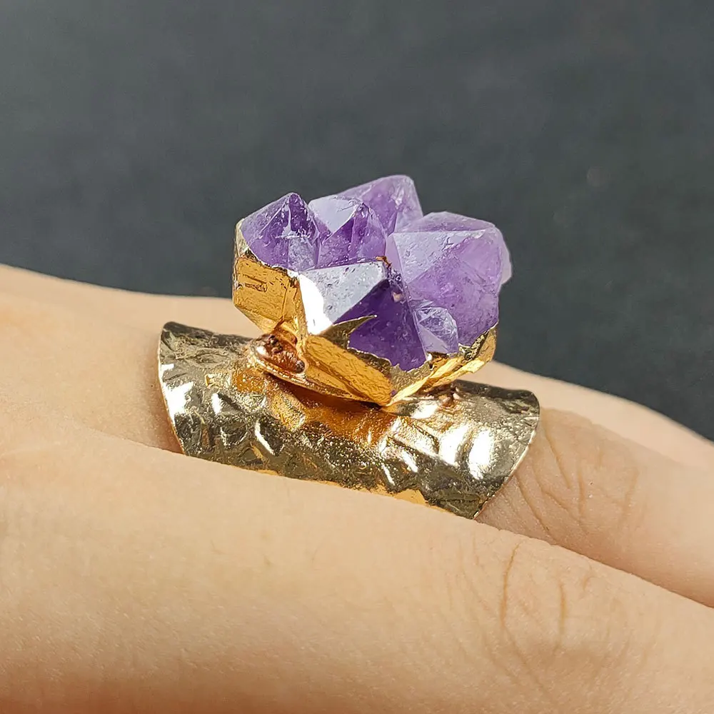wholesale natural quartz ring irregular amethyst crystal cluster charm drusy stone gold bezel adjustable finger ring
