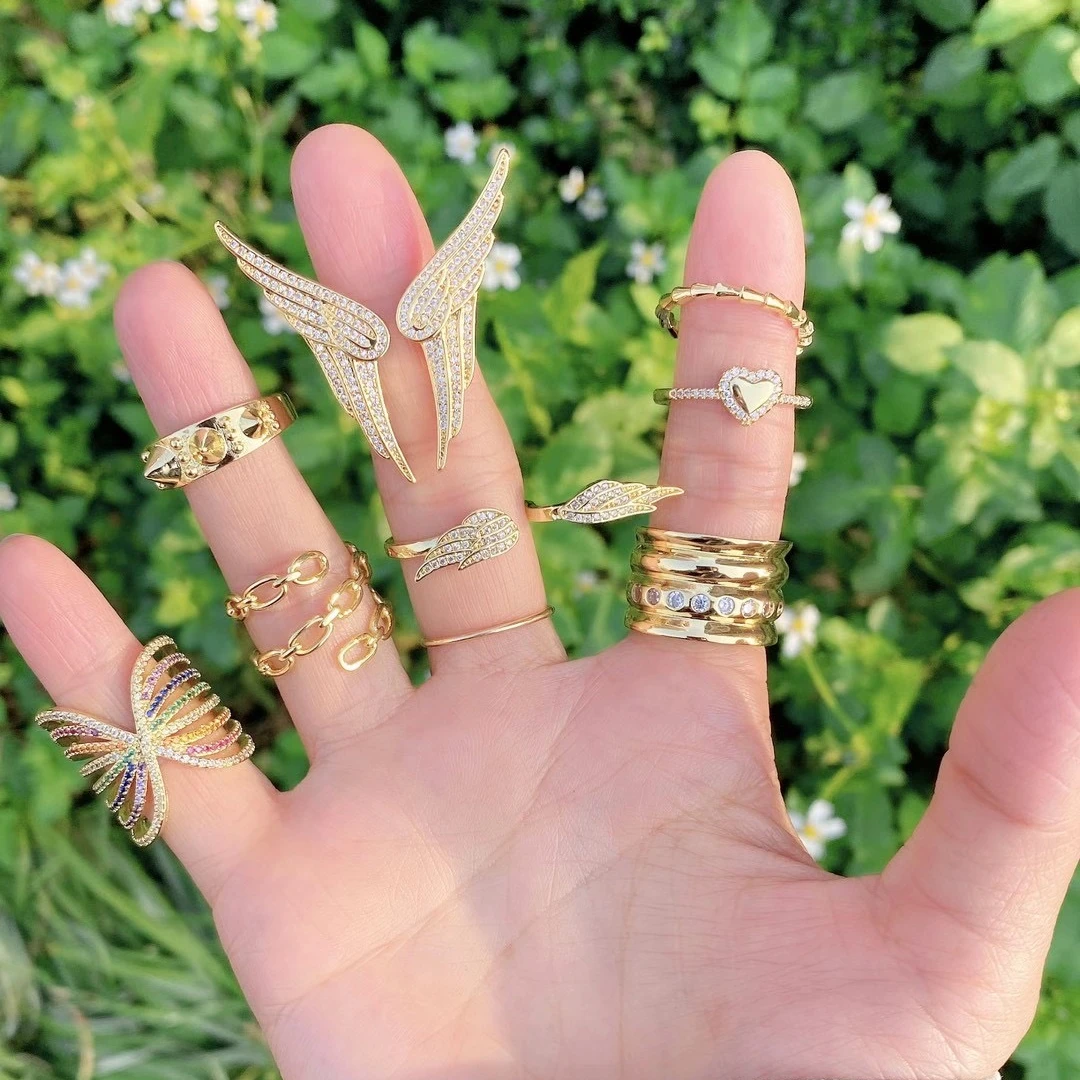 18k Gold Plated Unique Heart Rivet Rings Angel Wings Pave Cz Crystal Finger Rings Jewellery Women