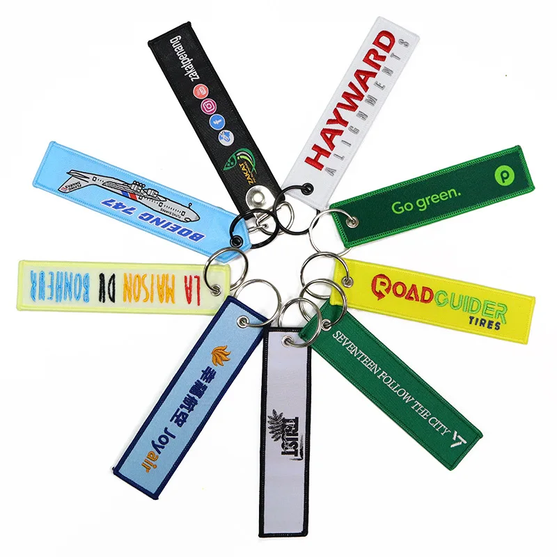 Personalized Custom Logo Fabric Label Woven Tags Key Chain Pendant Key Ring Embroidery jet tag custom logo  Keychain