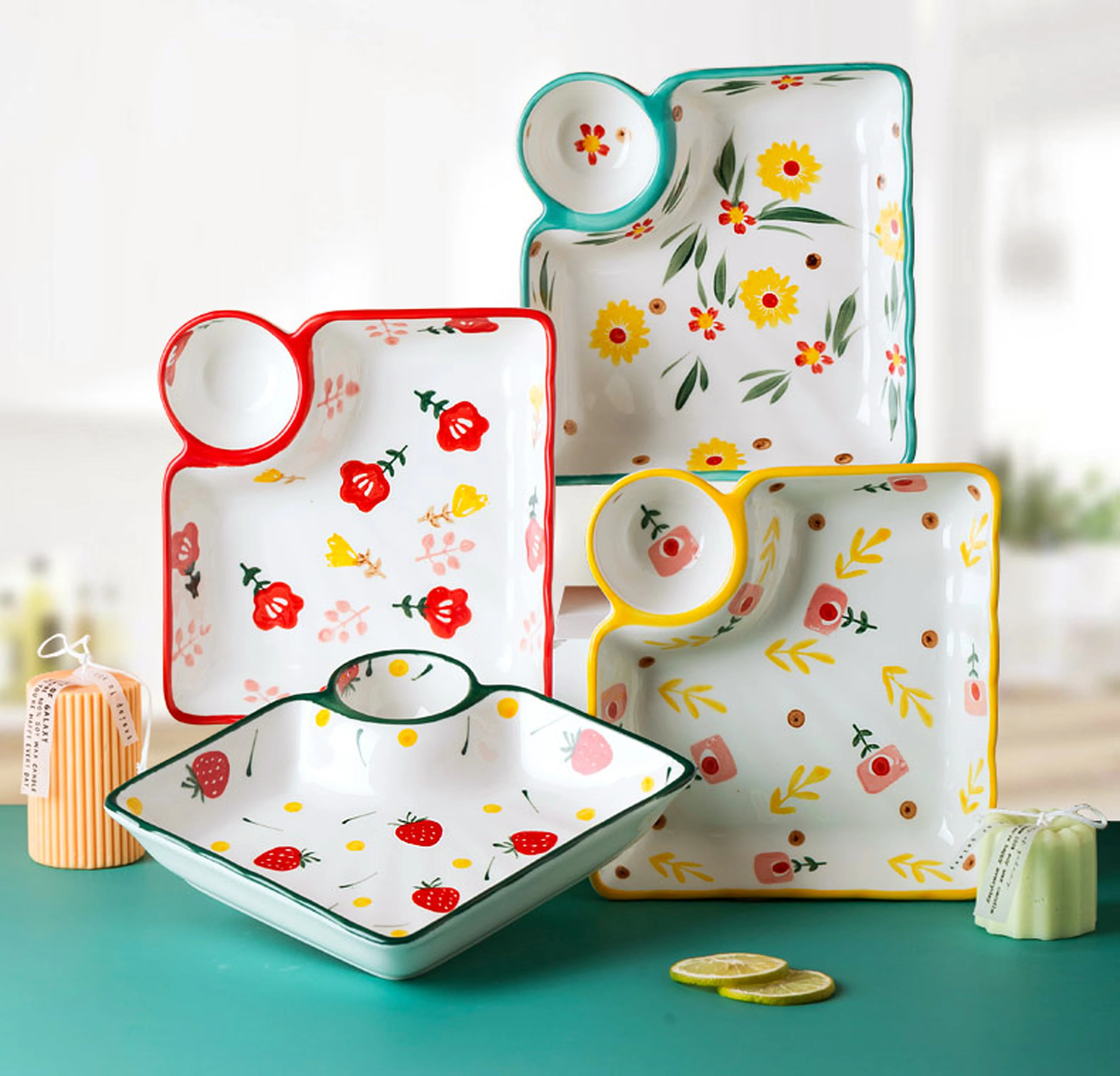 Блюдо для вареников под глазурью, блюдо с уксусом, разделитель для суши и окунивания соуса, посуда для дисков, креветок на пару, закуска, столовая посуда для завтрака