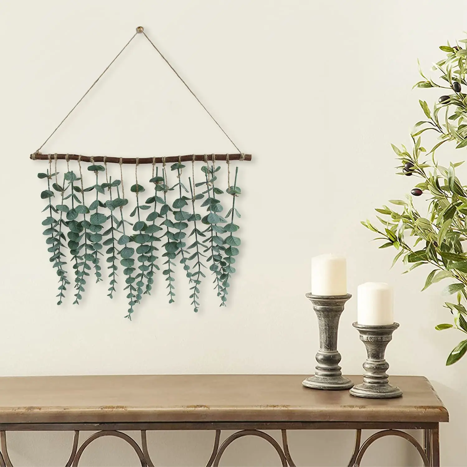 Wall Home Decor Greenery Eucalyptus Vines Hanging Plants with Wooden Stick Artificial Eucalyptus leaves