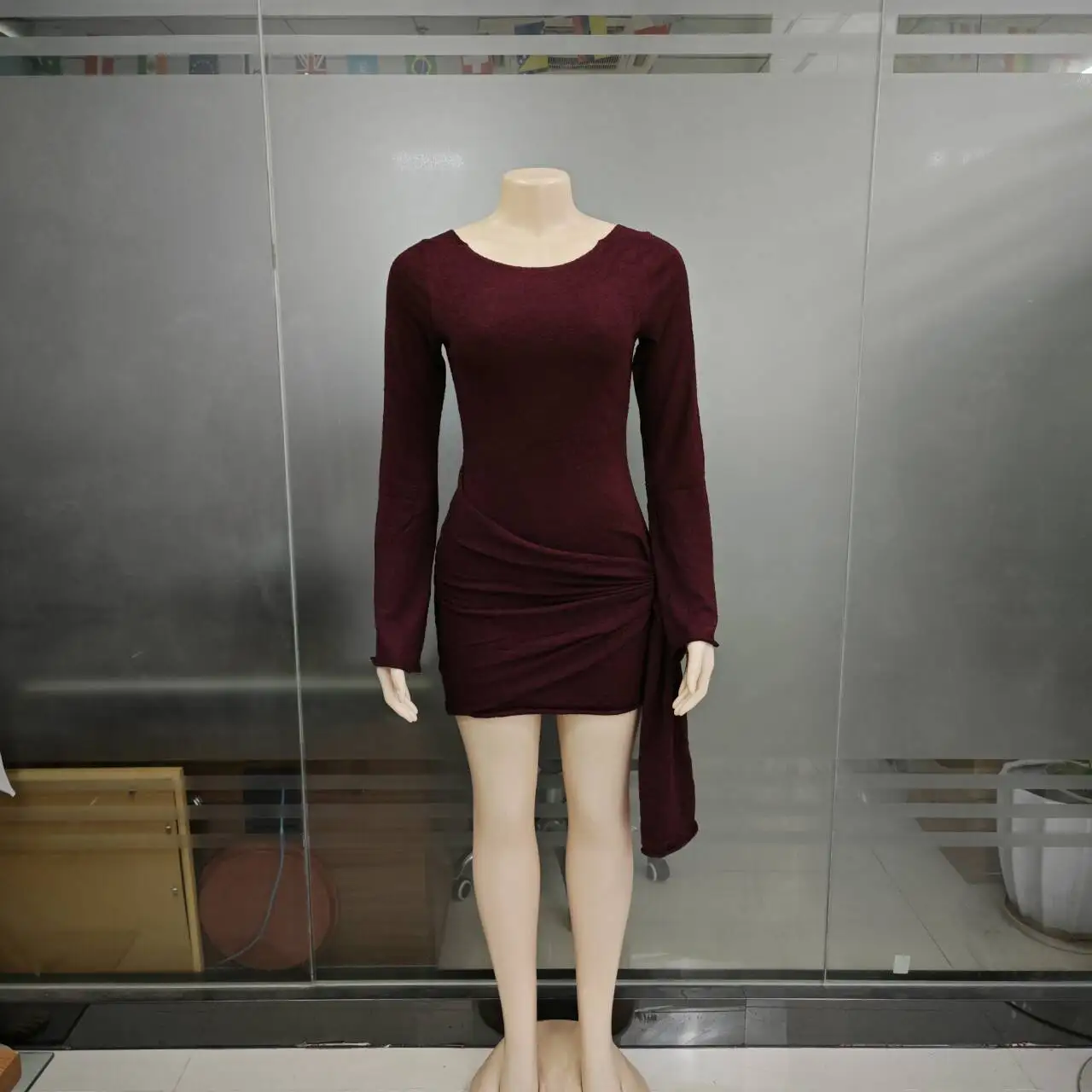 STOCK 3Colors High Neck Knitted Women Dress Bodycon Long Sleeve 3D Flower Dress Open Back Party Dress