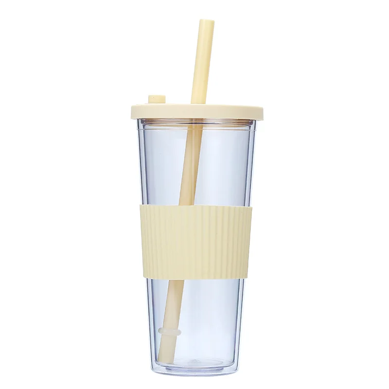 Wholesale Portable Double-layer Plastic Cup With lid and straw AS 24oz  Various color Large hole universal drink sports cup
