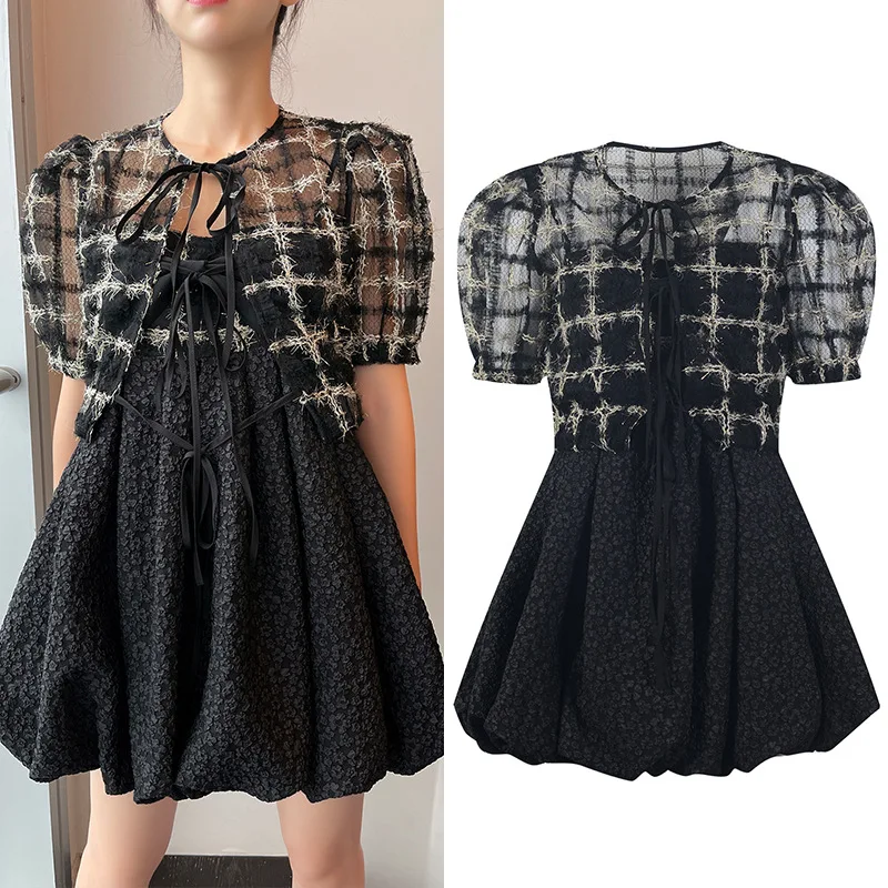 Summer Dresses Jacquard Sling Dress Puff Sleeve Two Piece Set Mini Black Loose Clothing