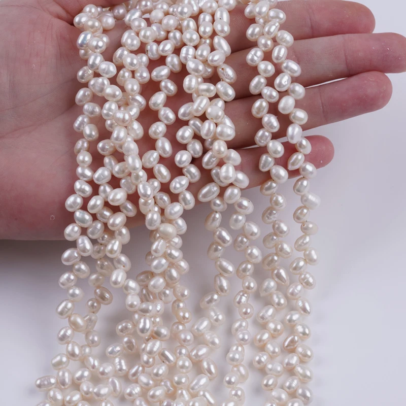 Top Drill Hole 5-6mm AA White Color Natural Loose Beads Real Fresh Water Rice Pearl Strand for jewelry making