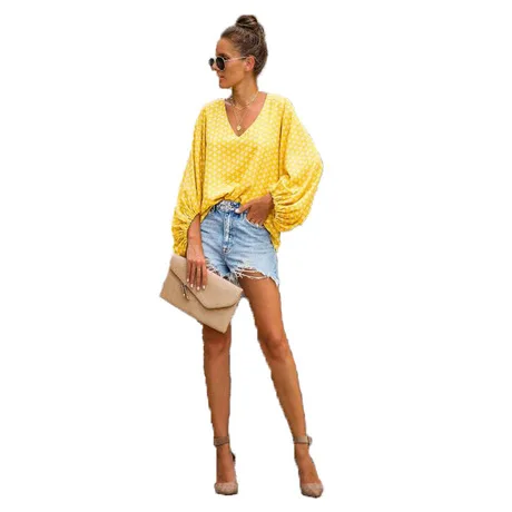 Новая модная белая рубашка в горошек с v-образным вырезом и рукавами-фонариками женские топы