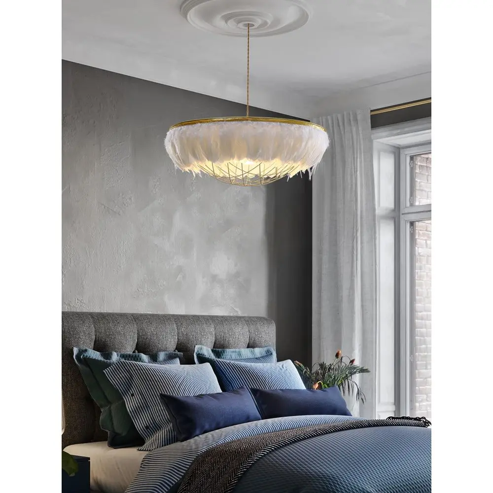 Custom living room light fittings handmade diy art deco style contemporary gold chain black circle led ring feather chandelier