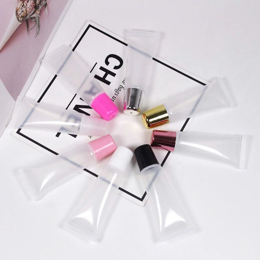 P-Lan Brand MOQ 100pieces Clear White Pink Black Silver Rose Gold Top Clear Squeeze Tubes 15ml 10ml Lip Gloss Squeeze Tube