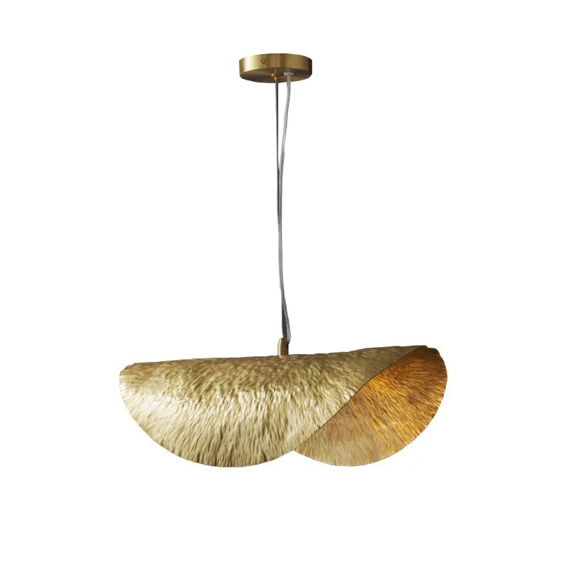 Creative Modern Nordic Small Chandelier All Copper Lotus Leaf Design with Straw Hat French Style Bar Lamp for Bedroom