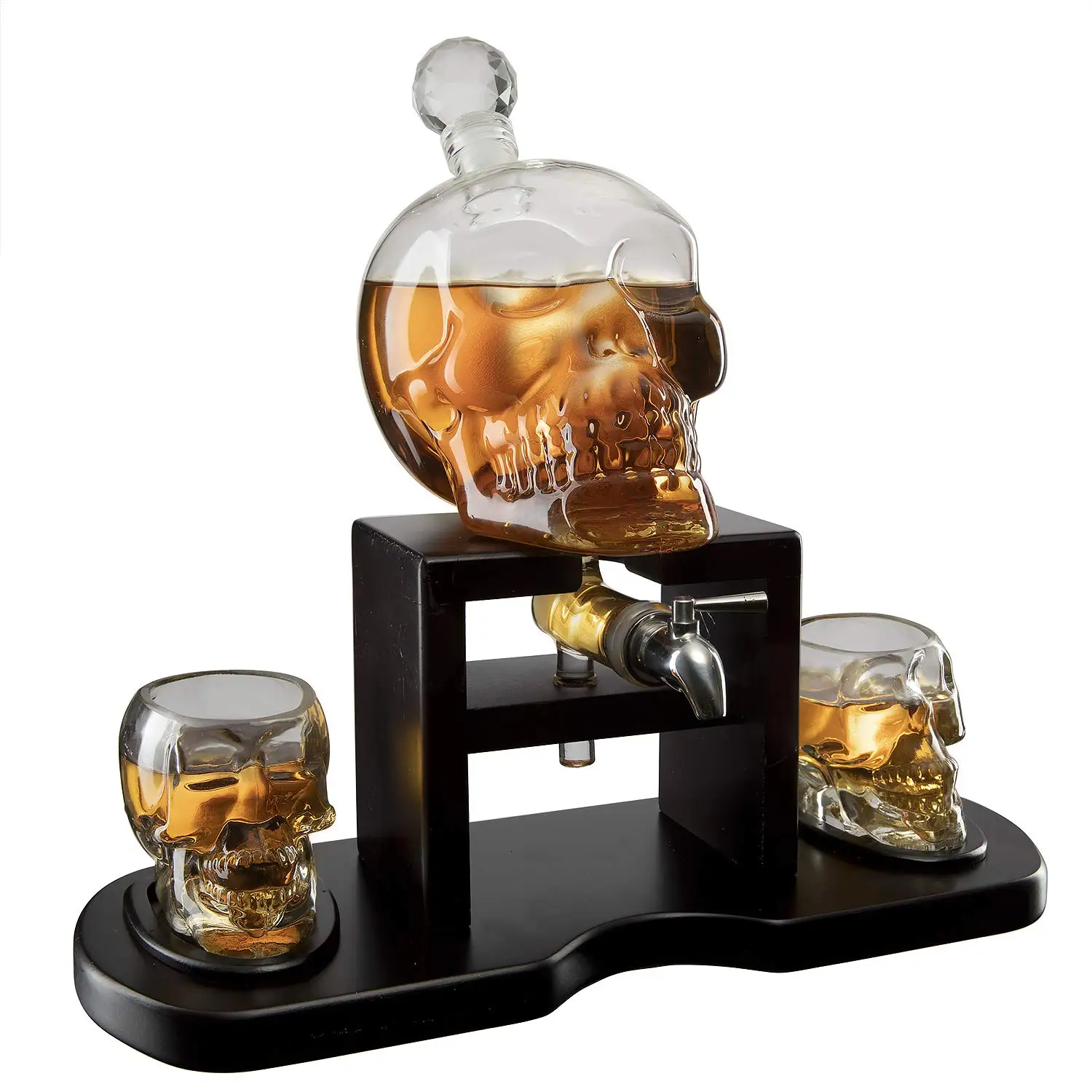 Amusing Wholesale 2pcs Skull glasses Wooden Base Skull Whiskey Decanter Set with Spigot