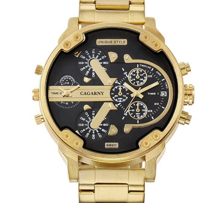 CAGARNY 6820 Luxury Brand Golden Watches Men Fashion 2 Time Zone Calendar Hot Quartz Stainless Steel Glass Waterproof Acrylic