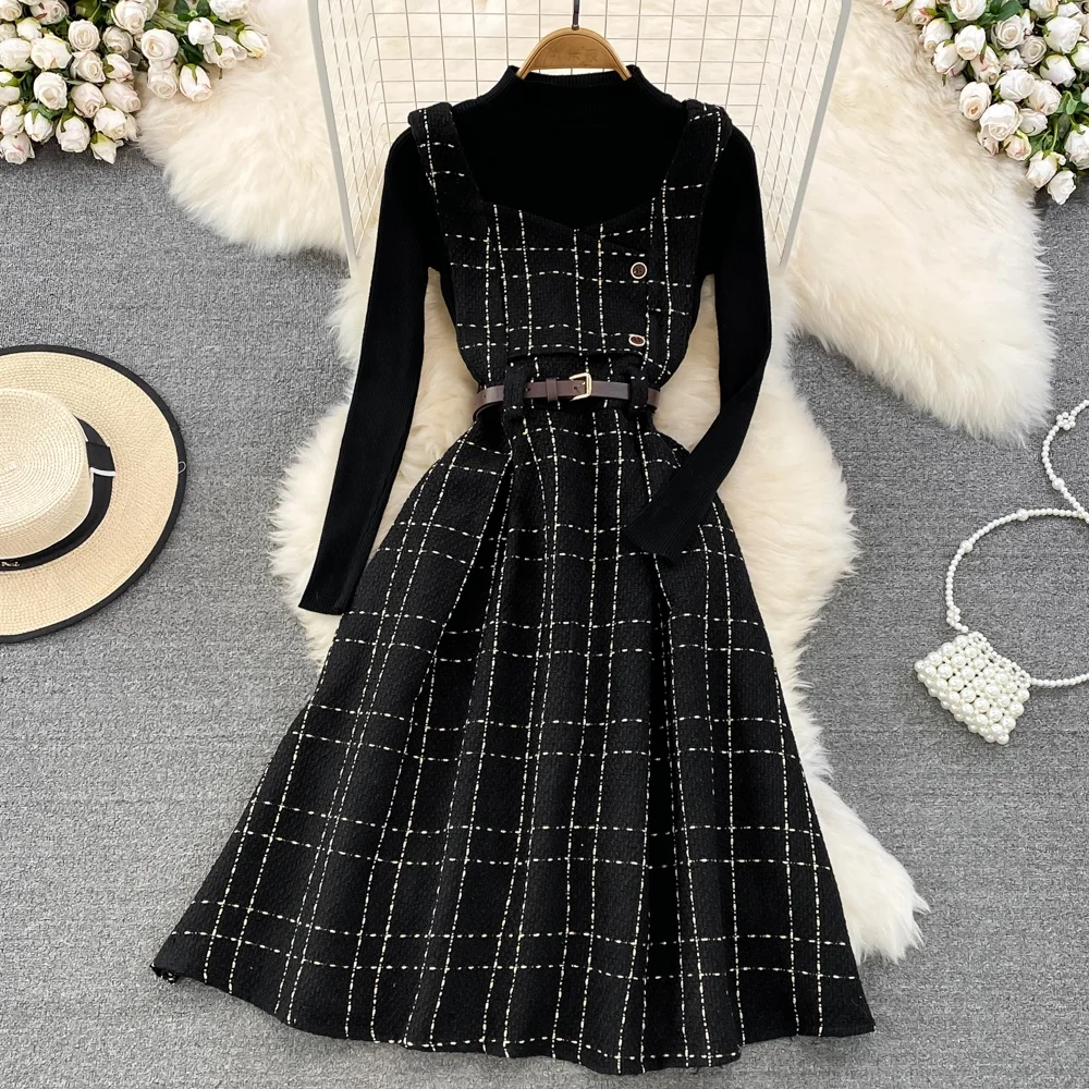Fall/Winter Vintage Style Stand Collar Bottom Sweater Two-Piece Plaid Woolen Suspender Dress Waist A-Line Dress