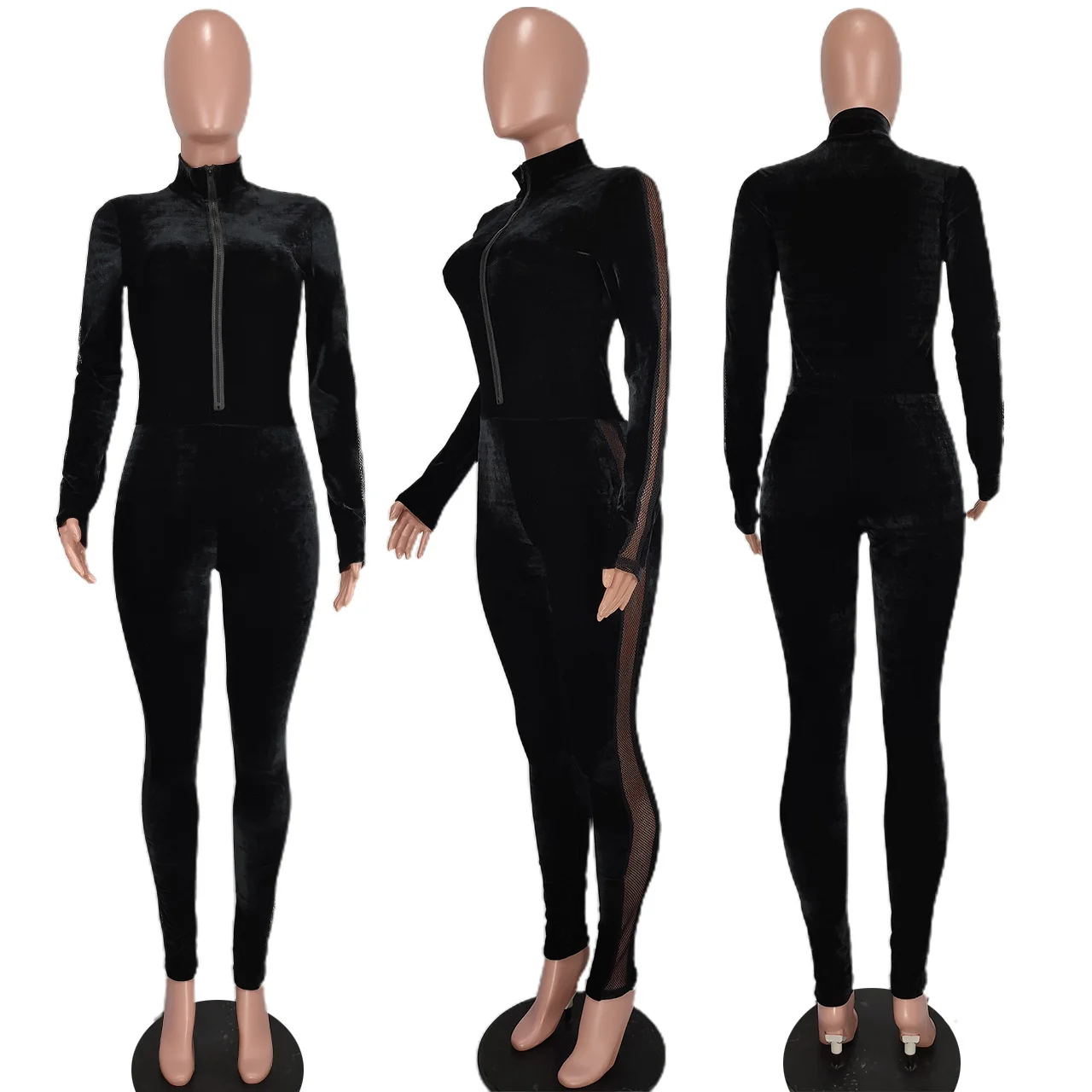 New Arrival Solid color thicken Velvet mesh splicing women bodysuits fall long sleeve Zippers velvet jumpsuit woman