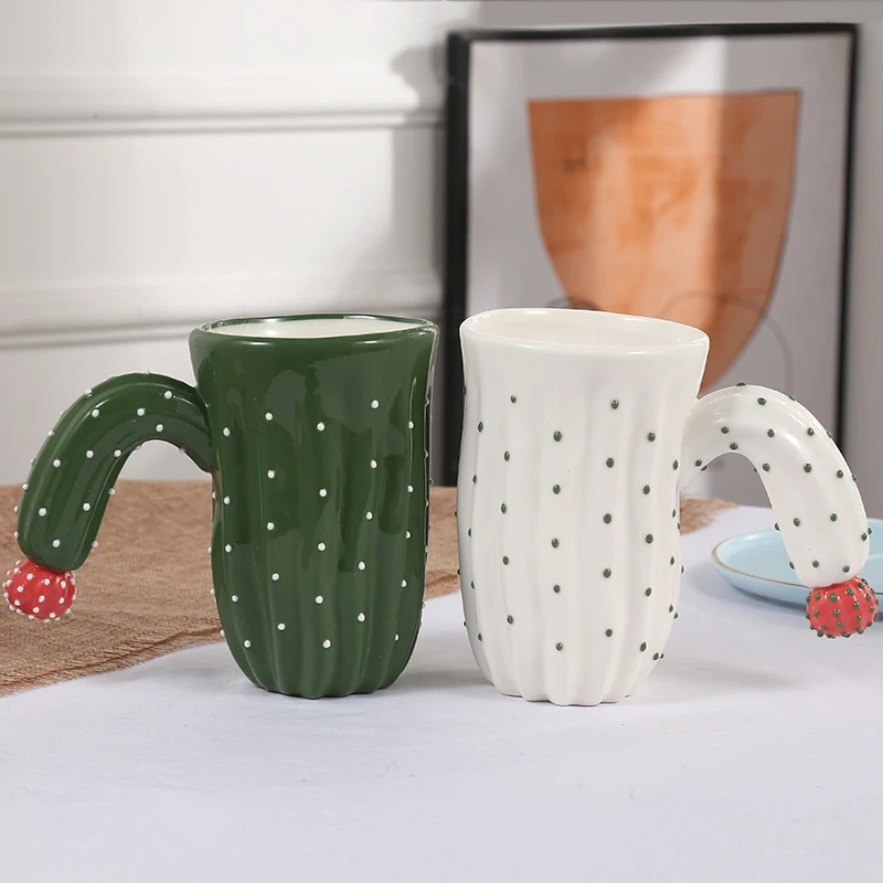 Contemporary Unique Design 440ml Novelty White And Green Cactus Ceramic Mug Coffee Cup Water Cup
