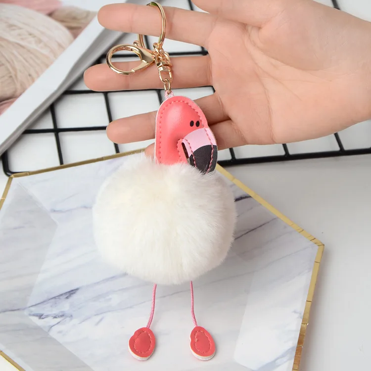
Lovely Fluffy Artificial Plush Fur Ball Key Chain Animal Bird Women Car Bag Key Ring Custom Pompom Flamingo Keychain 