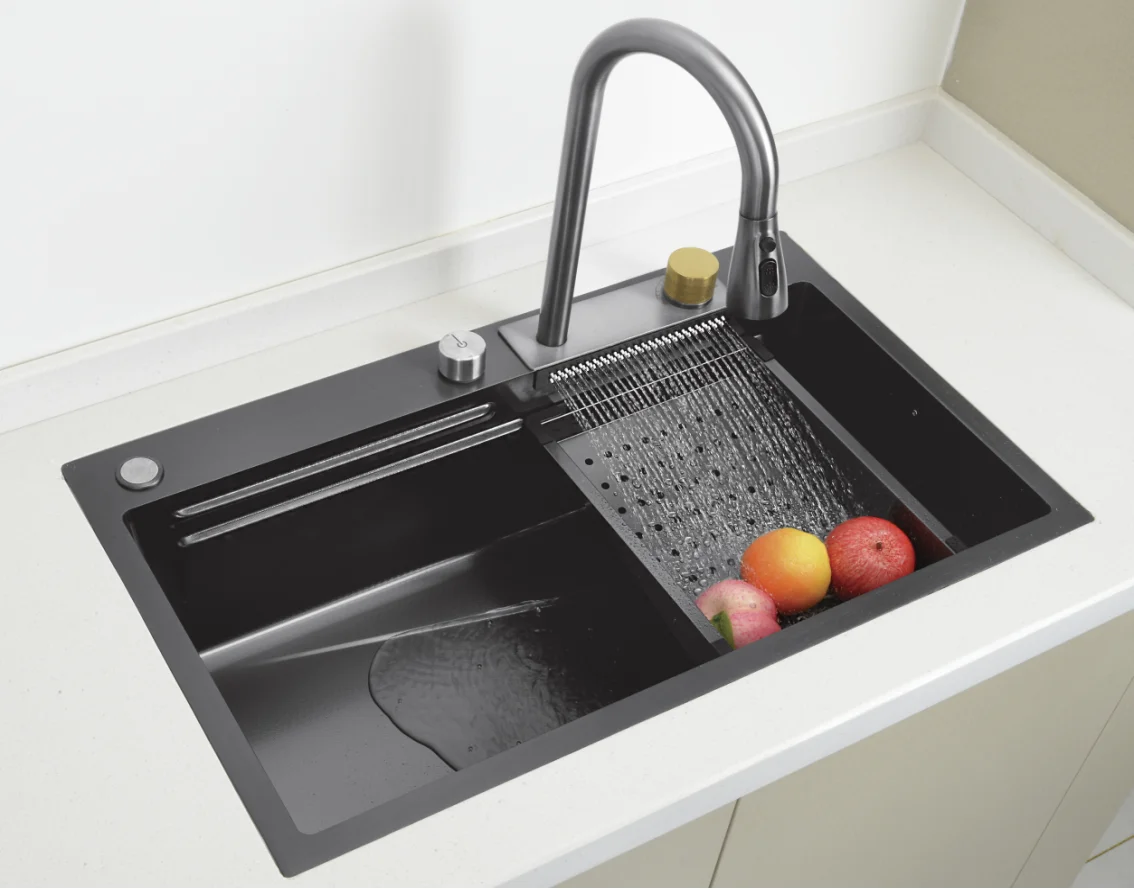 luxury kitchen sinks 304 stainless steel china farmhouse sink modern waterfall rainfall single bowl kitchen sink set black