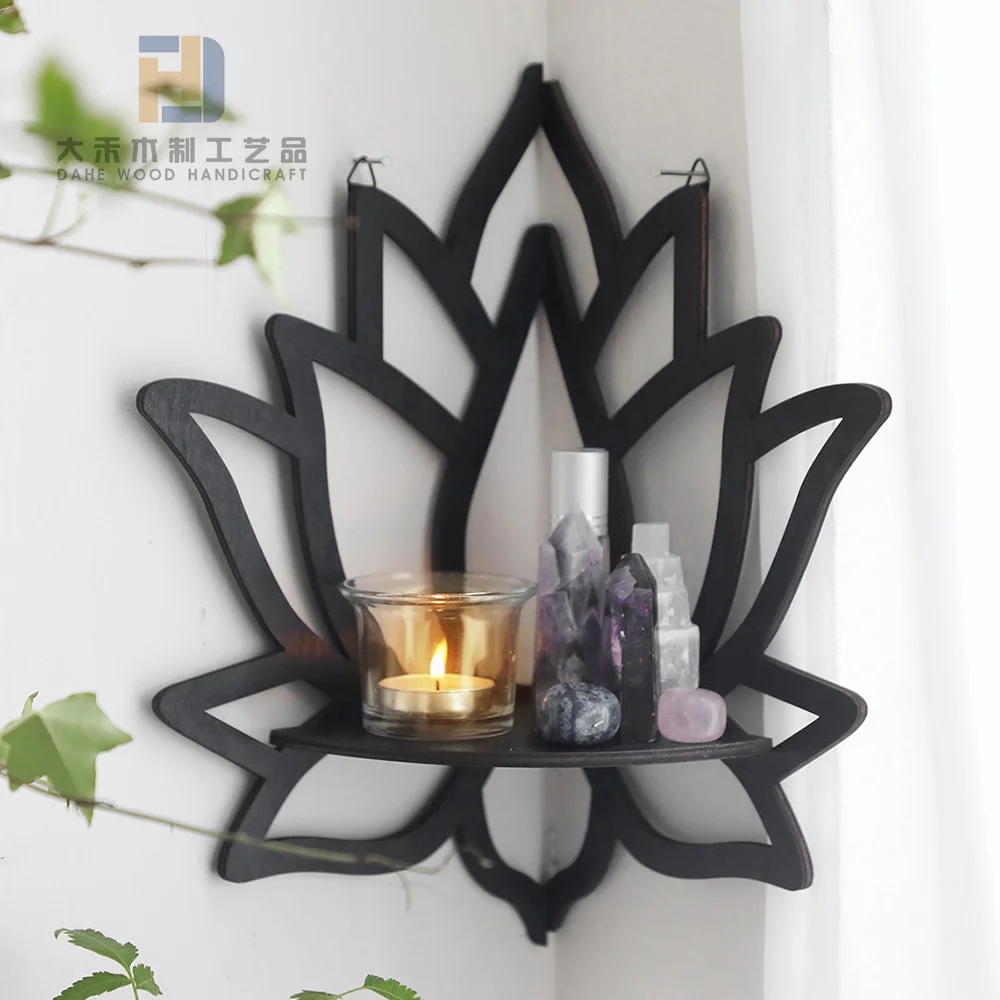 Rustic Crystal Wood Floating Shelf Wooden Butterfly Lotus Flower Shelves for Farmhouse Wall Decoration Meditation Spiritual Gift