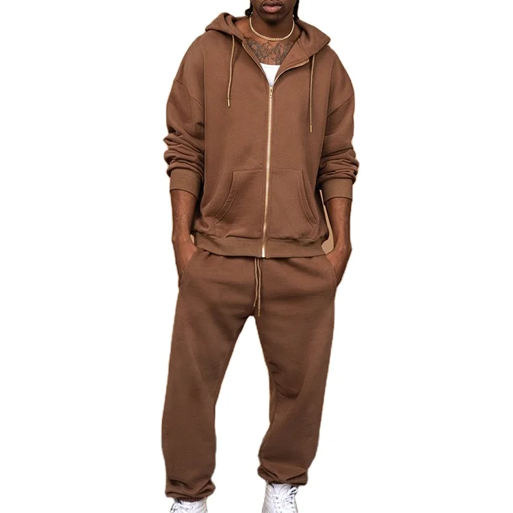 Wholesale Custom High Quality Full Zip Up Tracksuit Sweatshirt Hooded Jacket Two Piece Jogger sets For Men