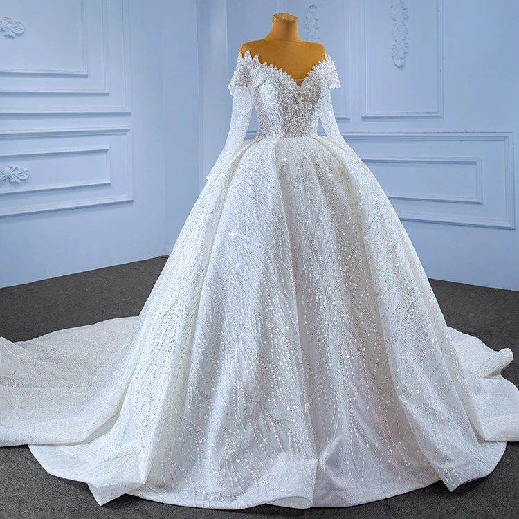 QUEENSGOWN  long tail sweetheart ball gown bride weddingdress off shoulder long sleeve ivory empire slim party dress