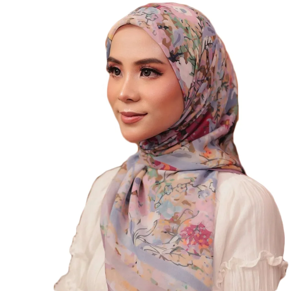 JYL Malaysia Soft Digital Printed Lady Hijab 110Cm Square Tudung Premium Cotton Voile Bawal Scarf
