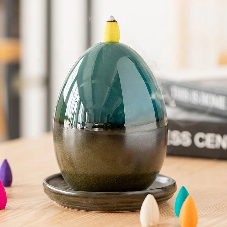 Waterfall Incense Burner Backflow Ceramic Inscents Cone Stick Holder with 10 Cool Back Flow Cones Incent Set