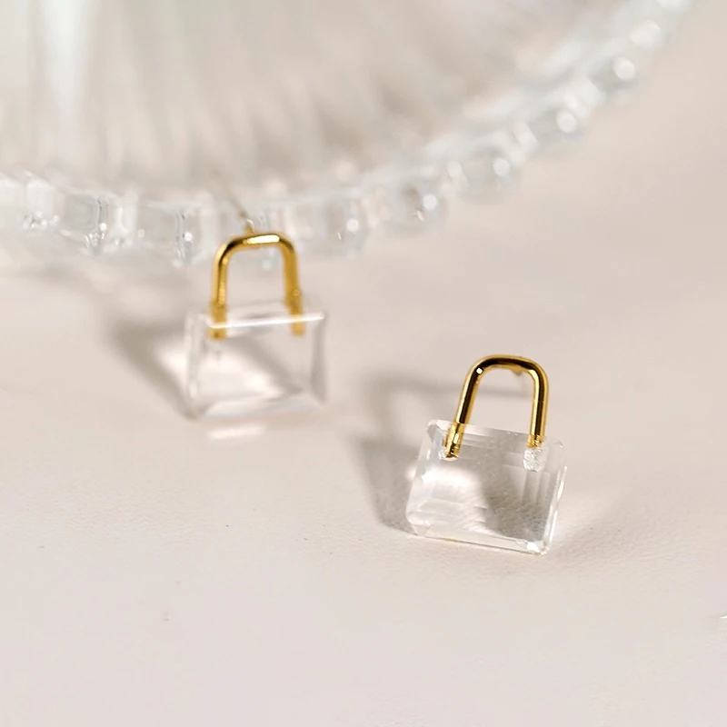 Square Clear Pad Lock Acrylic Earrings for Women Crystal Glass Small Charm Bags Stud Earrings Stylish Dainty Minimalist Jewelry