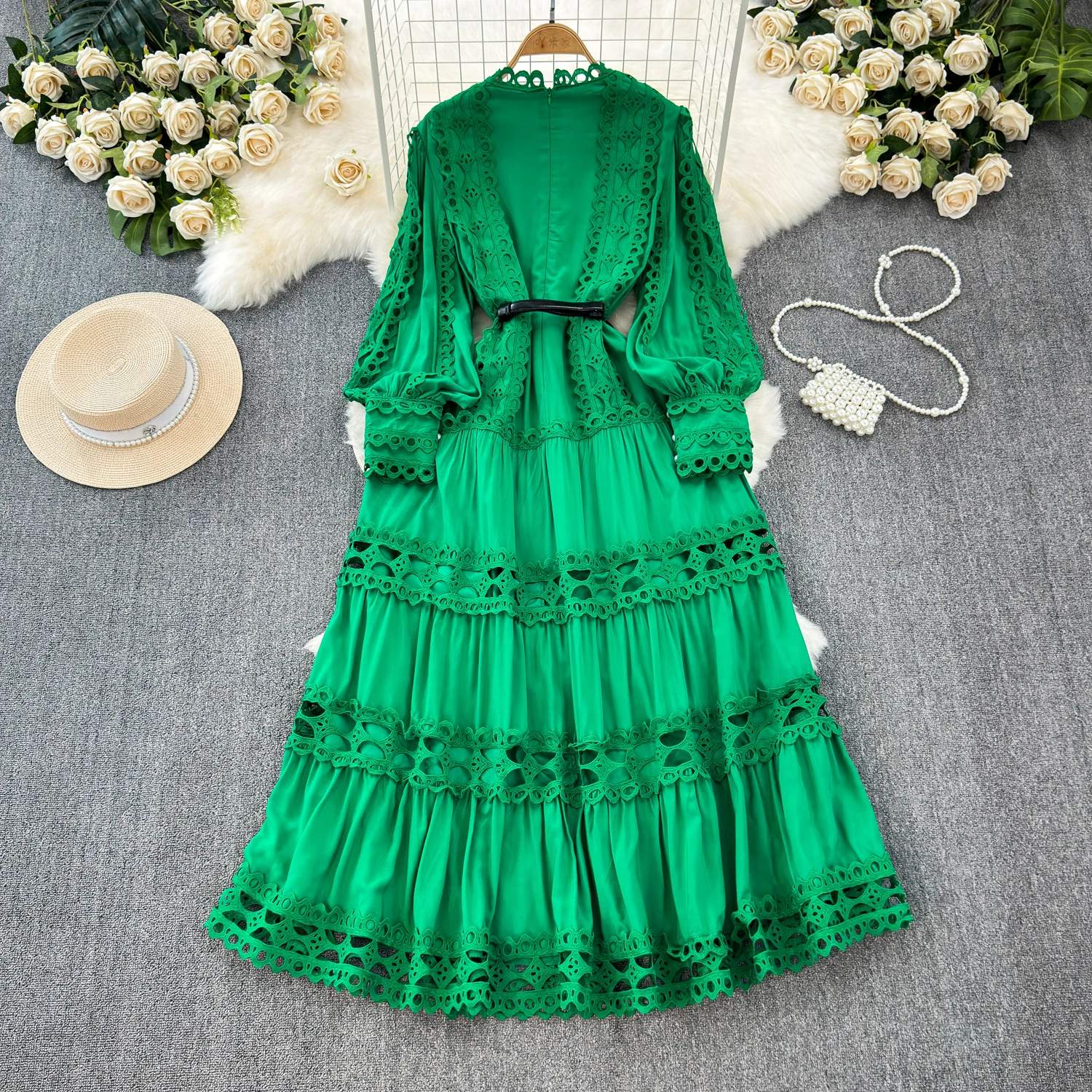 HANOU Court Style Hollow Hook Flower Ladies Dress Female Heavy Industry Patchwork Lace Long Sleeve Women Boutique Maxi Dresses
