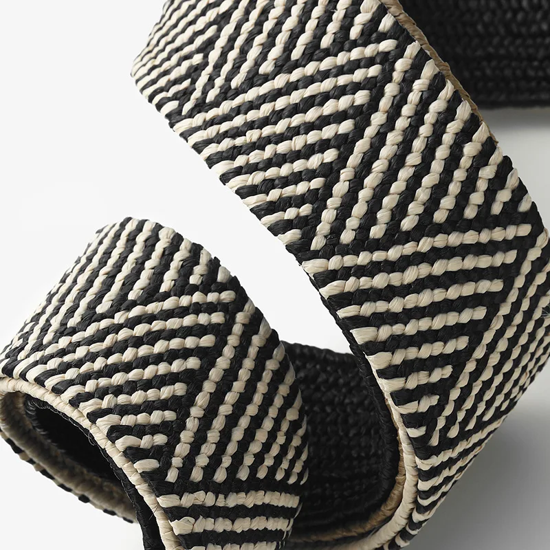 Alloy Plastic Buckle Retro Bohemian Style Straw Braided Embellished Dress Belt Women Elastic