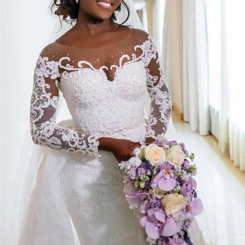 FA206 African Mermaid Lace Wedding Dress Custom Made Vestido De Noiva Black Girl Women Wedding Gowns Long Sleeve Bride Dresses