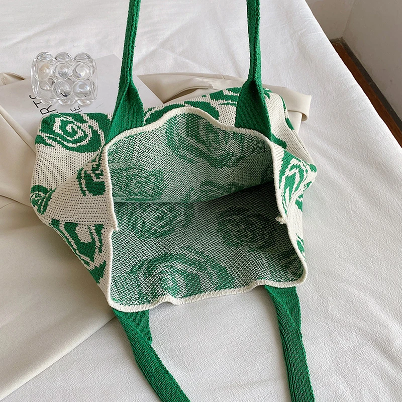 Factory Wholesale Rose Pattern Crochet Handbag Women Large Capacity Shoulder Bag Knitted Tote Bag